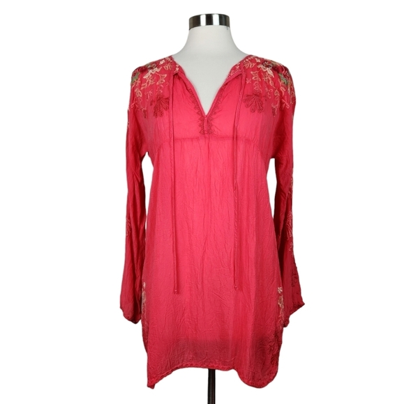 Johnny Was Orange Coral Roses Floral  Embroidered Tunic Blouse Women's Medium - Picture 2 of 12